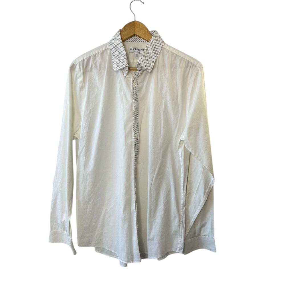 Express Extra Slim White w/ Black Pattern Button-Up Shirt Men's Large 16-16.5
